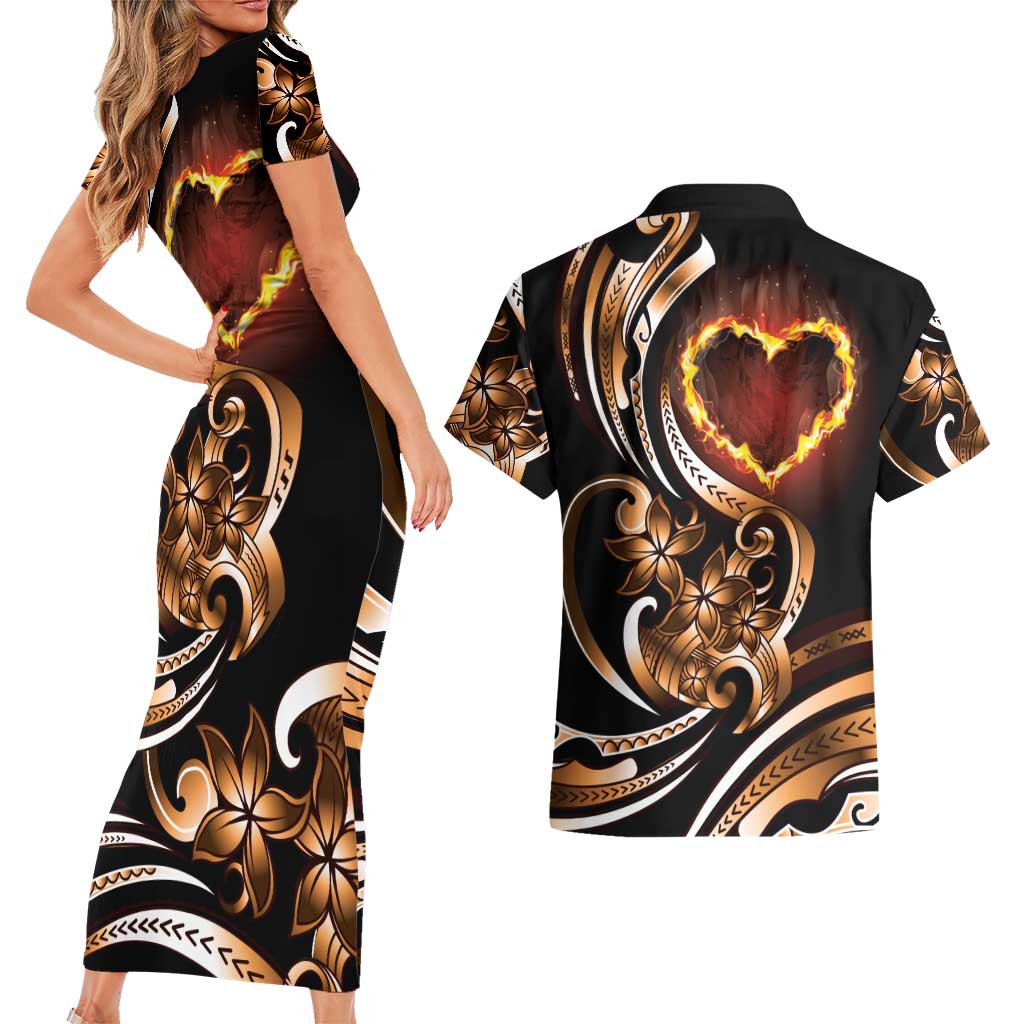 Personalised Polynesian Fiery Heart Couples Matching Short Sleeve Bodycon Dress and Hawaiian Shirt Passionate Love LT01 - Polynesian Pride