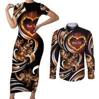 Personalised Polynesian Fiery Heart Couples Matching Short Sleeve Bodycon Dress and Long Sleeve Button Shirt Passionate Love LT01 Black - Polynesian Pride