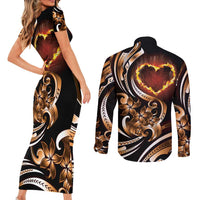 Personalised Polynesian Fiery Heart Couples Matching Short Sleeve Bodycon Dress and Long Sleeve Button Shirt Passionate Love LT01 - Polynesian Pride