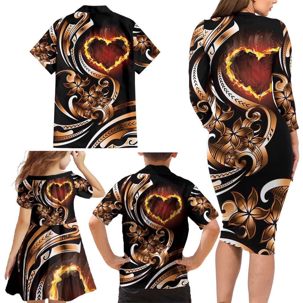 Personalised Polynesian Fiery Heart Family Matching Long Sleeve Bodycon Dress and Hawaiian Shirt Passionate Love LT01 - Polynesian Pride