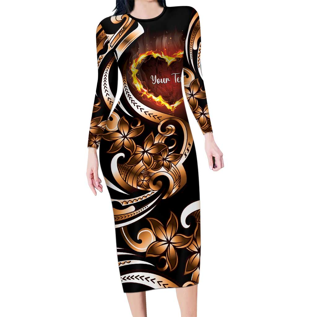 Personalised Polynesian Fiery Heart Family Matching Long Sleeve Bodycon Dress and Hawaiian Shirt Passionate Love LT01 Mom's Dress Black - Polynesian Pride