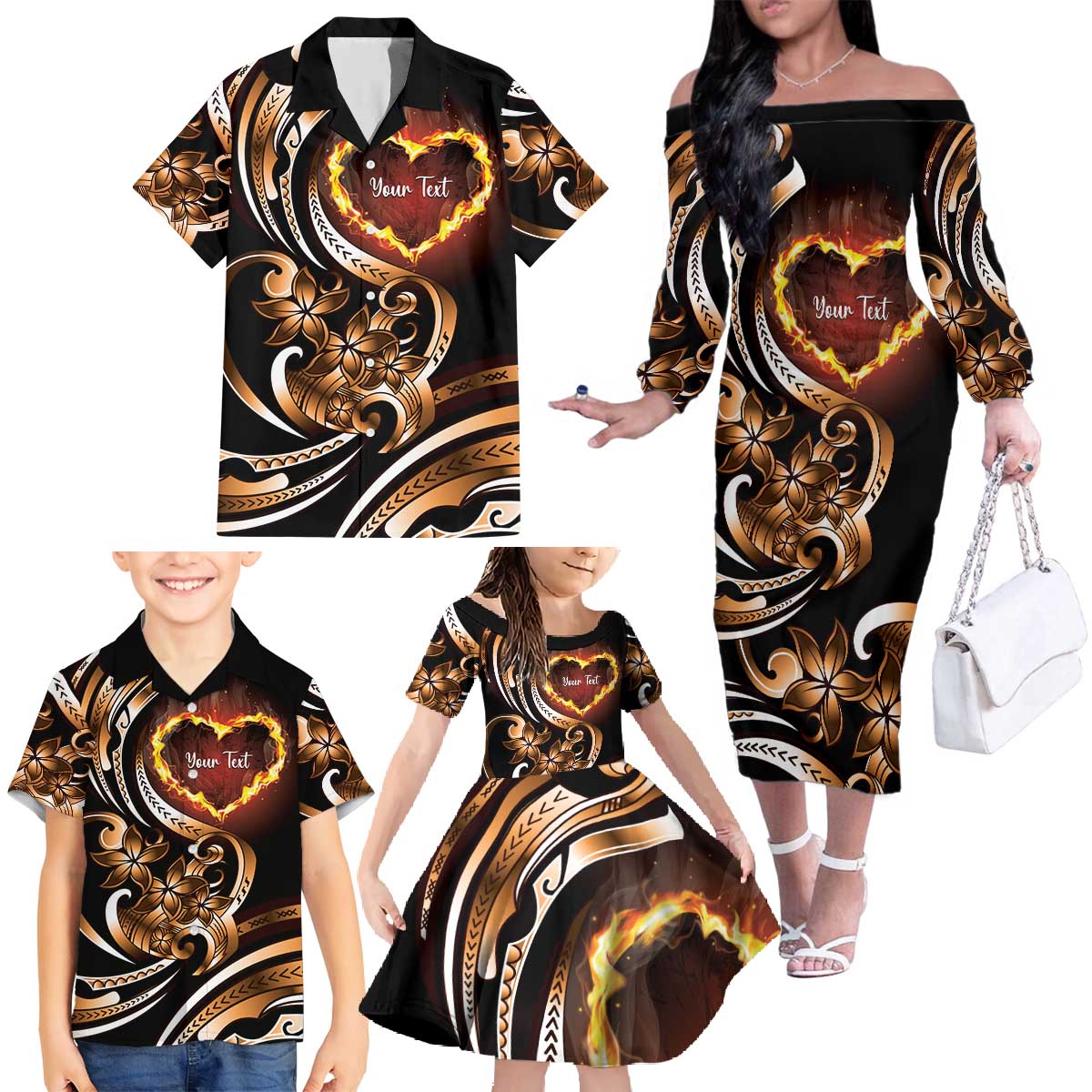 Personalised Polynesian Fiery Heart Family Matching Off The Shoulder Long Sleeve Dress and Hawaiian Shirt Passionate Love LT01 - Polynesian Pride