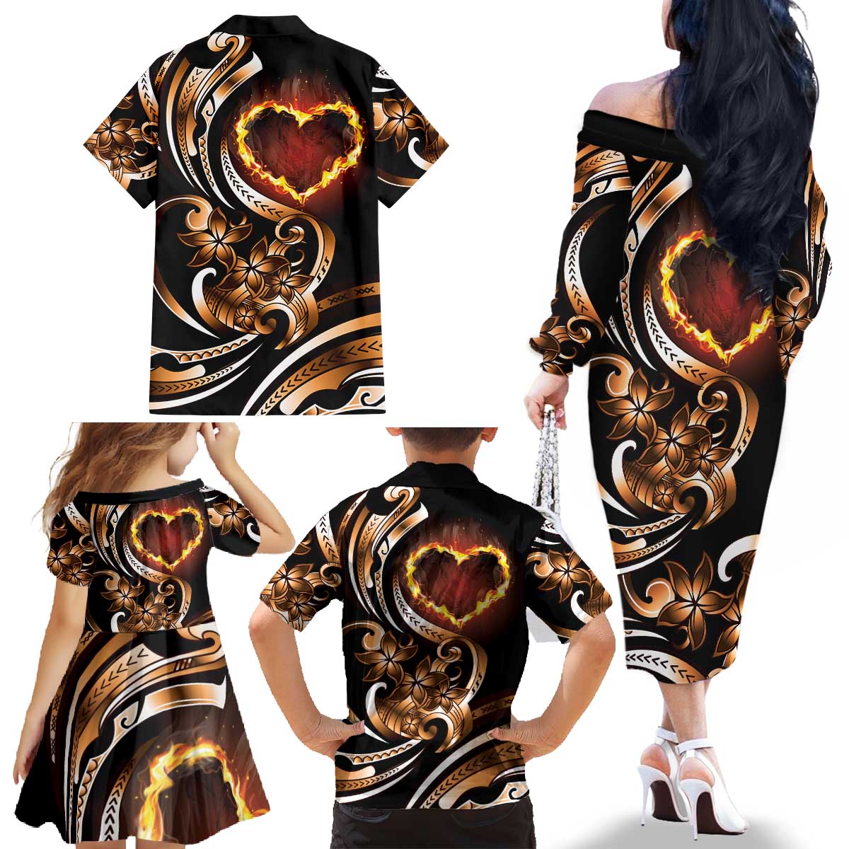 Personalised Polynesian Fiery Heart Family Matching Off The Shoulder Long Sleeve Dress and Hawaiian Shirt Passionate Love LT01 - Polynesian Pride