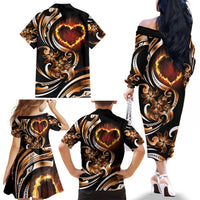 Personalised Polynesian Fiery Heart Family Matching Off The Shoulder Long Sleeve Dress and Hawaiian Shirt Passionate Love LT01 - Polynesian Pride