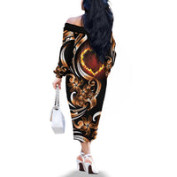 Personalised Polynesian Fiery Heart Family Matching Off The Shoulder Long Sleeve Dress and Hawaiian Shirt Passionate Love LT01 - Polynesian Pride