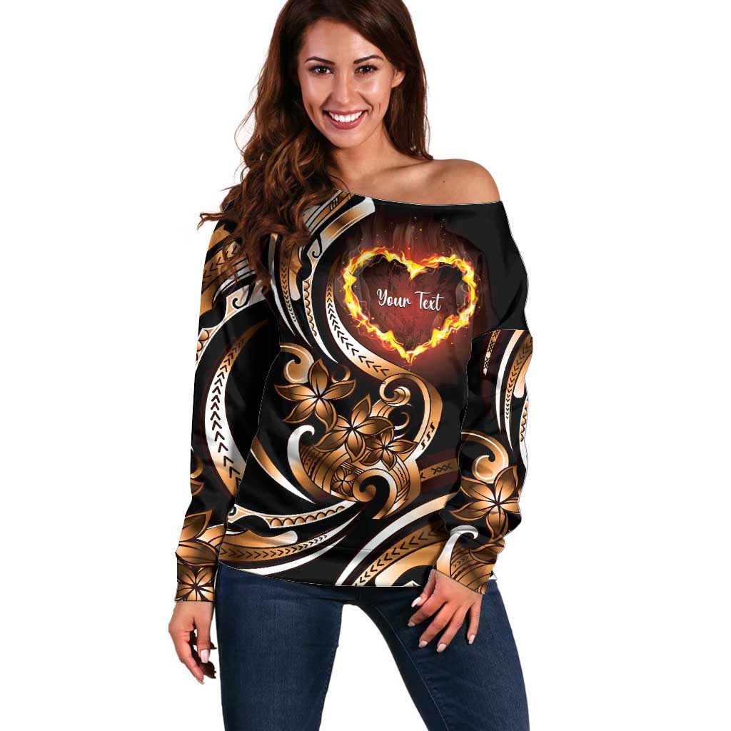 Personalised Polynesian Fiery Heart Off Shoulder Sweater Passionate Love LT01 Women Black - Polynesian Pride