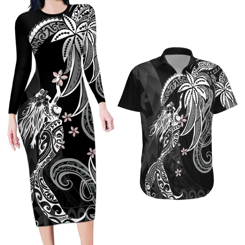 Polynesian Mermaid Plumeria Tribal Tattoo Couples Matching Long Sleeve Bodycon Dress and Hawaiian Shirt LT01 Black - Polynesian Pride