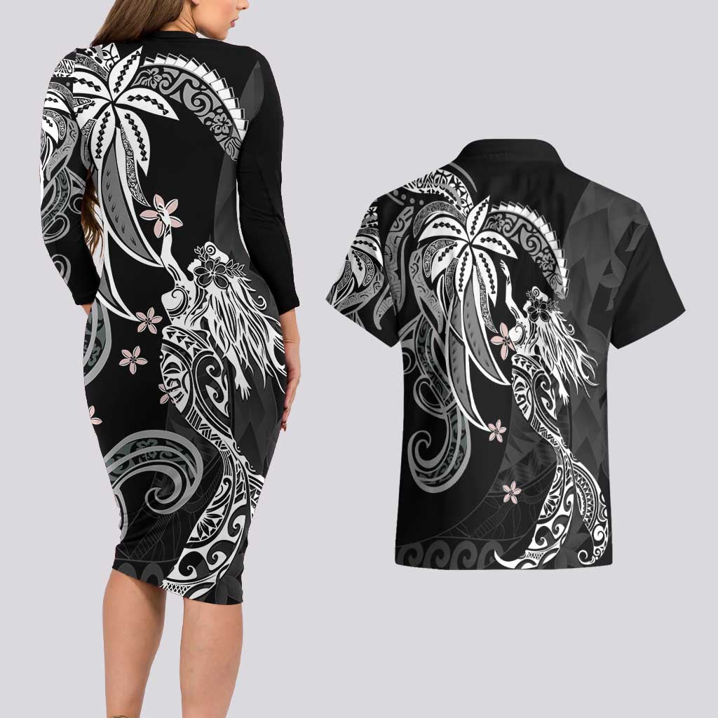 Polynesian Mermaid Plumeria Tribal Tattoo Couples Matching Long Sleeve Bodycon Dress and Hawaiian Shirt LT01 - Polynesian Pride