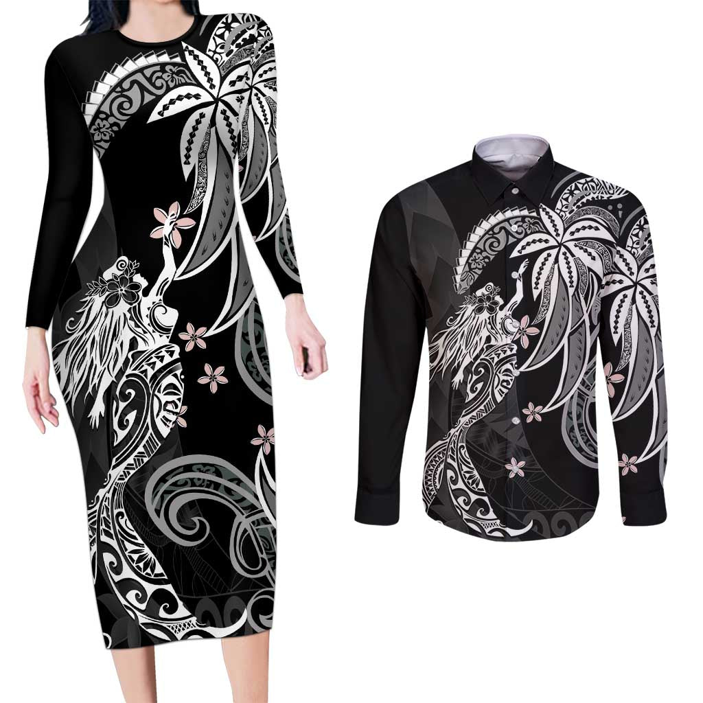 Polynesian Mermaid Plumeria Tribal Tattoo Couples Matching Long Sleeve Bodycon Dress and Long Sleeve Button Shirt LT01 Black - Polynesian Pride