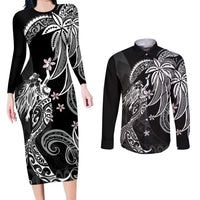 Polynesian Mermaid Plumeria Tribal Tattoo Couples Matching Long Sleeve Bodycon Dress and Long Sleeve Button Shirt LT01 Black - Polynesian Pride
