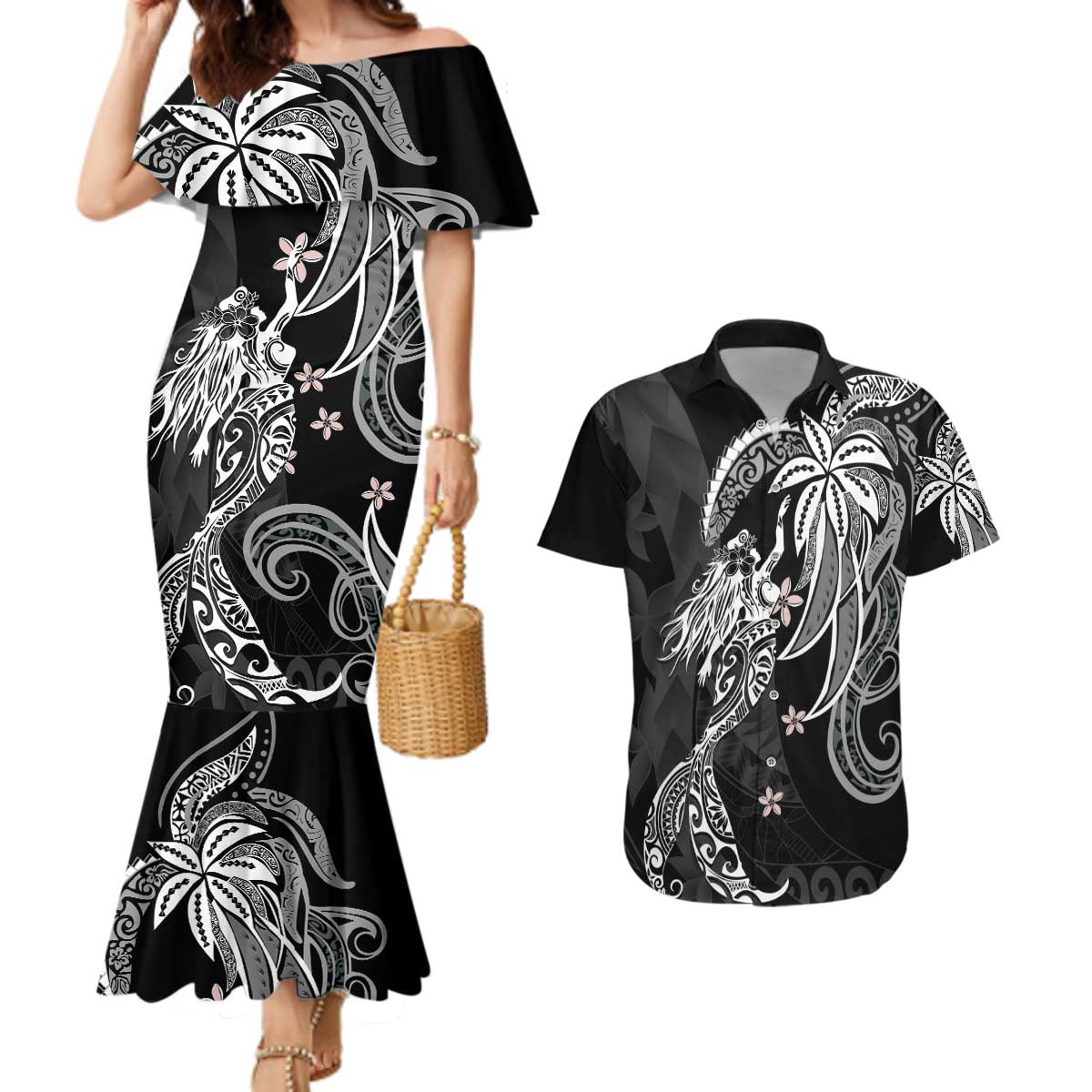 Polynesian Mermaid Plumeria Tribal Tattoo Couples Matching Mermaid Dress and Hawaiian Shirt LT01 Black - Polynesian Pride