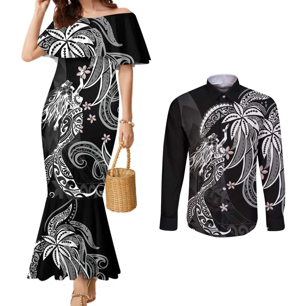 Polynesian Mermaid Plumeria Tribal Tattoo Couples Matching Mermaid Dress and Long Sleeve Button Shirt LT01 Black - Polynesian Pride