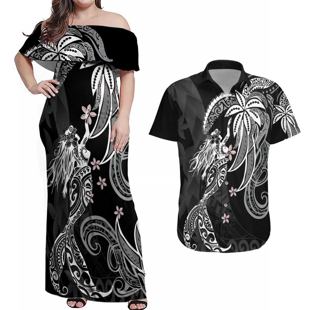 Polynesian Mermaid Plumeria Tribal Tattoo Couples Matching Off Shoulder Maxi Dress and Hawaiian Shirt LT01 Black - Polynesian Pride