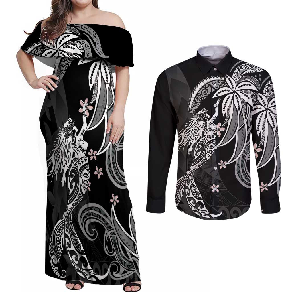 Polynesian Mermaid Plumeria Tribal Tattoo Couples Matching Off Shoulder Maxi Dress and Long Sleeve Button Shirt LT01 Black - Polynesian Pride