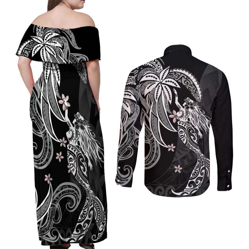 Polynesian Mermaid Plumeria Tribal Tattoo Couples Matching Off Shoulder Maxi Dress and Long Sleeve Button Shirt LT01 - Polynesian Pride