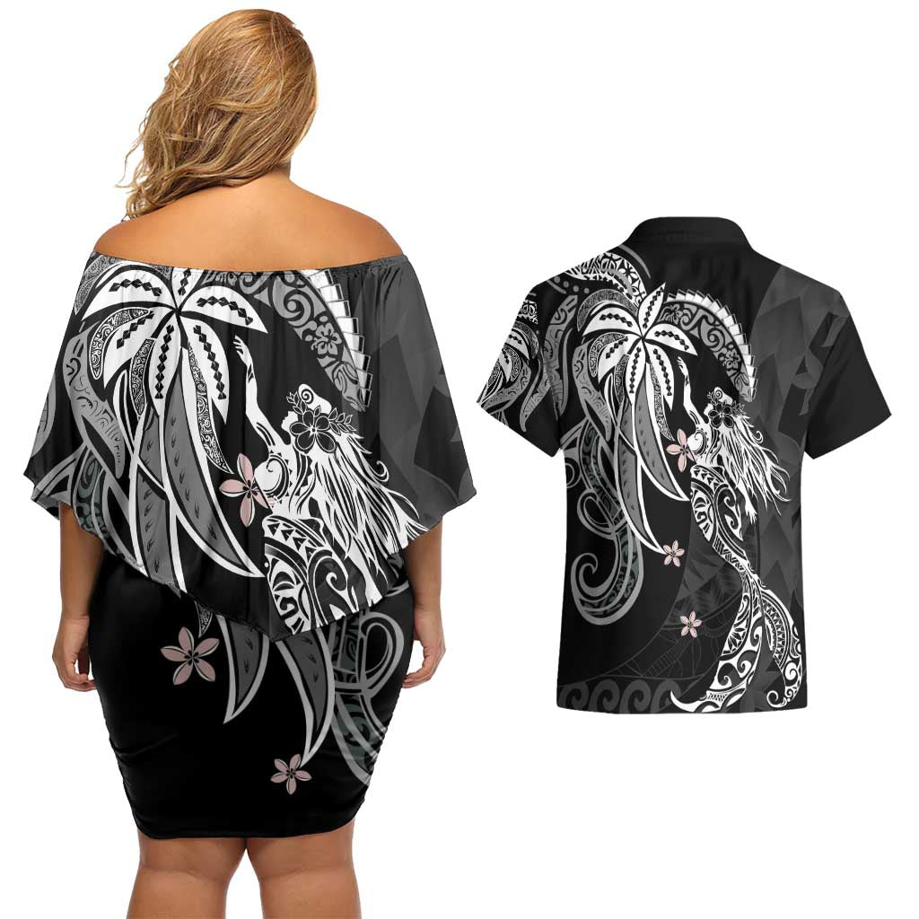Polynesian Mermaid Plumeria Tribal Tattoo Couples Matching Off Shoulder Short Dress and Hawaiian Shirt LT01 - Polynesian Pride