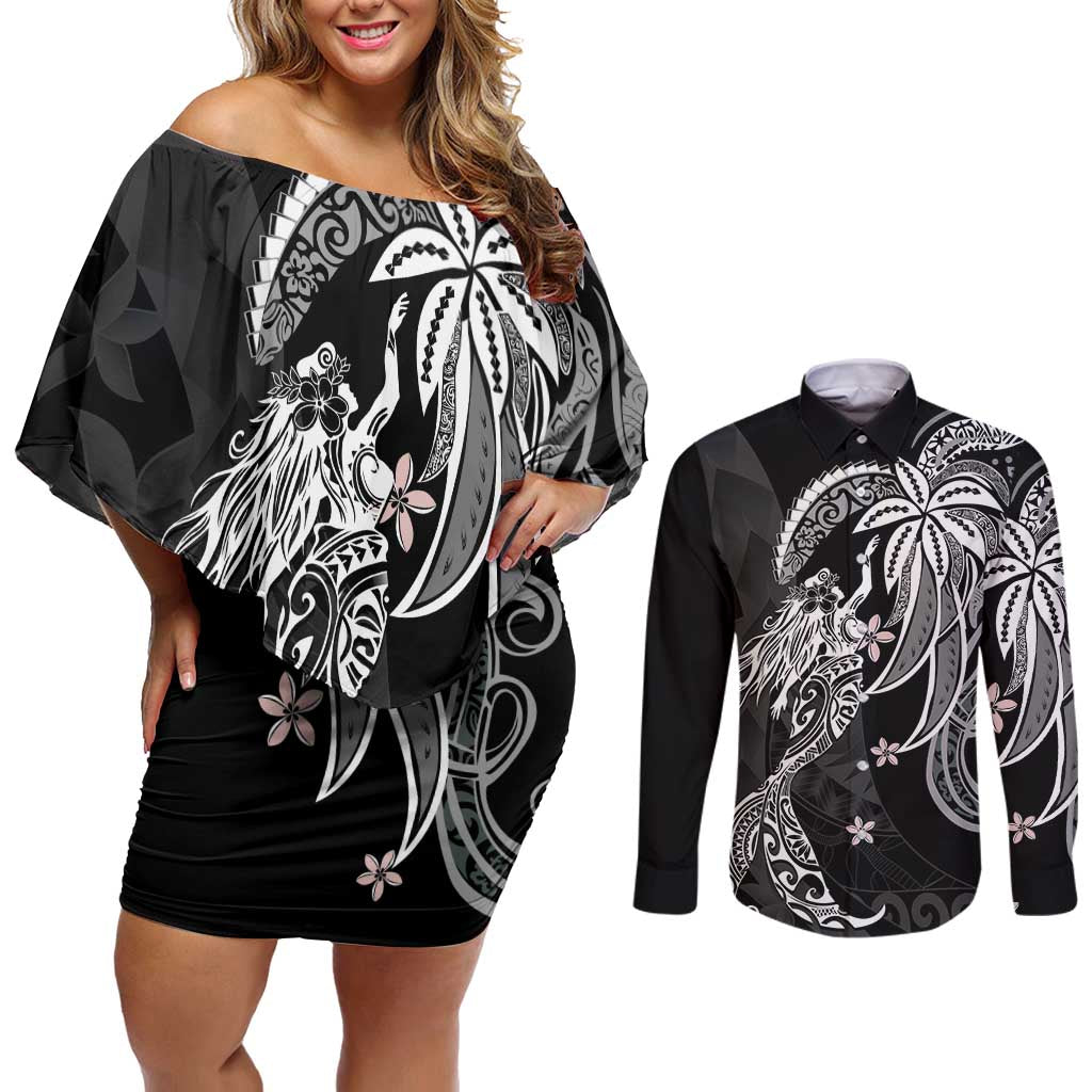 Polynesian Mermaid Plumeria Tribal Tattoo Couples Matching Off Shoulder Short Dress and Long Sleeve Button Shirt LT01 Black - Polynesian Pride