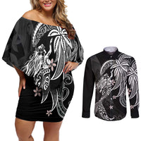 Polynesian Mermaid Plumeria Tribal Tattoo Couples Matching Off Shoulder Short Dress and Long Sleeve Button Shirt LT01 Black - Polynesian Pride
