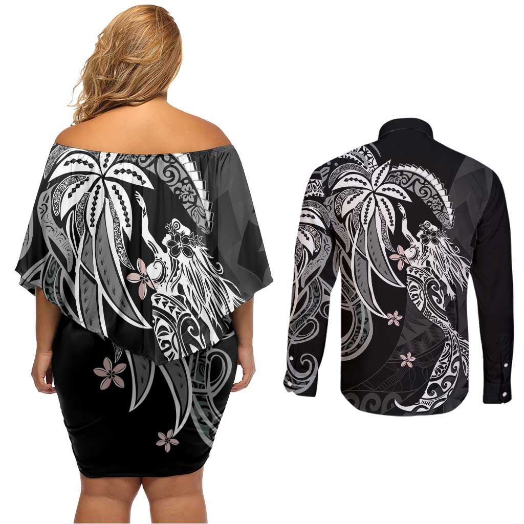 Polynesian Mermaid Plumeria Tribal Tattoo Couples Matching Off Shoulder Short Dress and Long Sleeve Button Shirt LT01 - Polynesian Pride