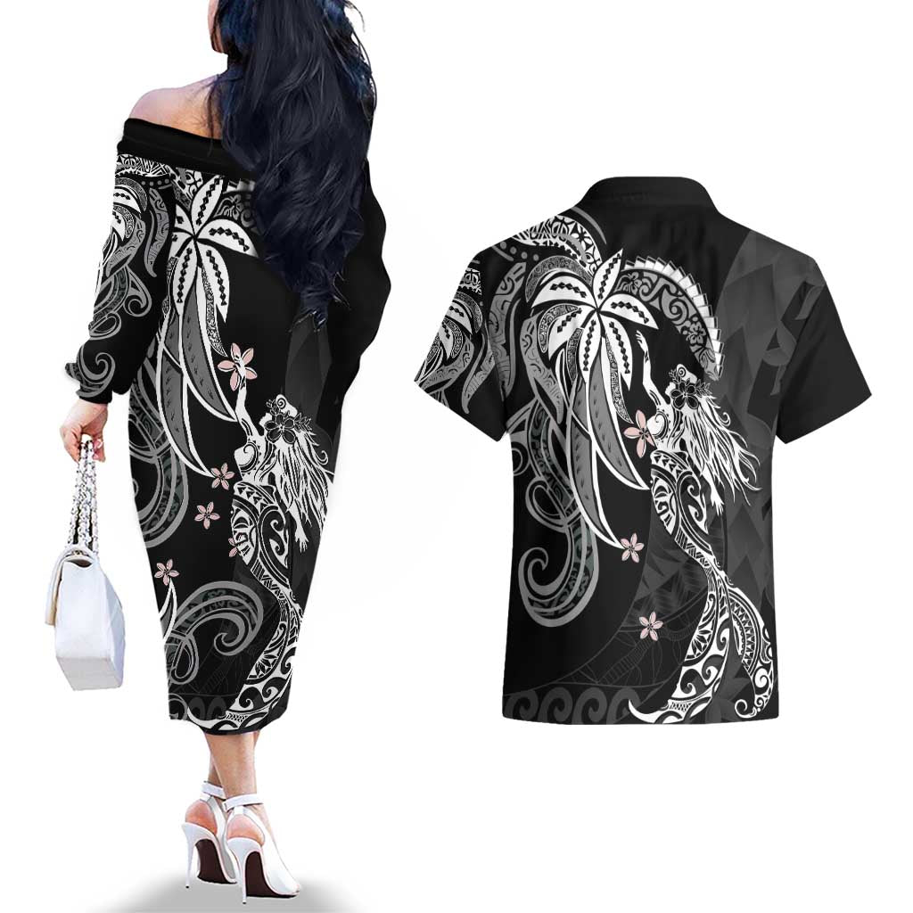 Polynesian Mermaid Plumeria Tribal Tattoo Couples Matching Off The Shoulder Long Sleeve Dress and Hawaiian Shirt LT01 - Polynesian Pride