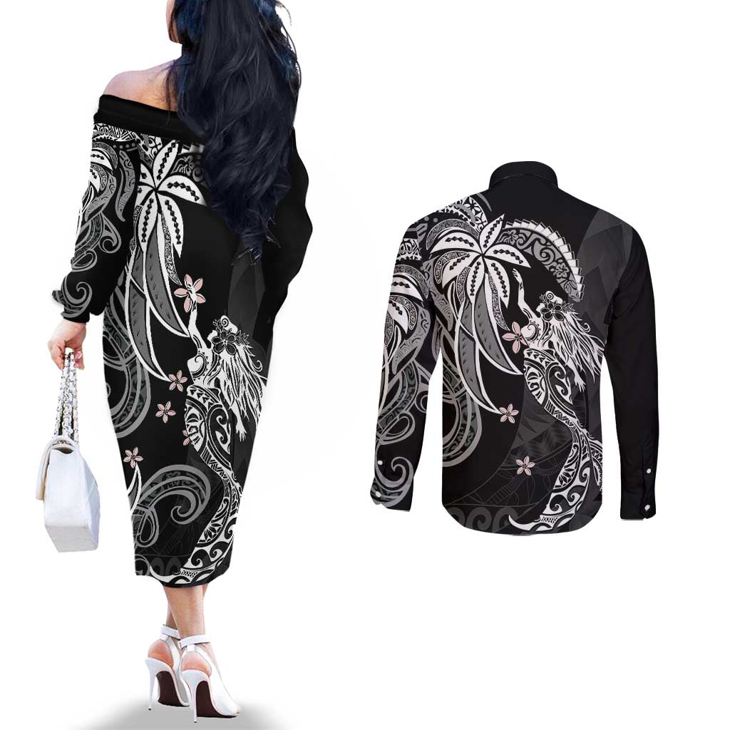 Polynesian Mermaid Plumeria Tribal Tattoo Couples Matching Off The Shoulder Long Sleeve Dress and Long Sleeve Button Shirt LT01 - Polynesian Pride