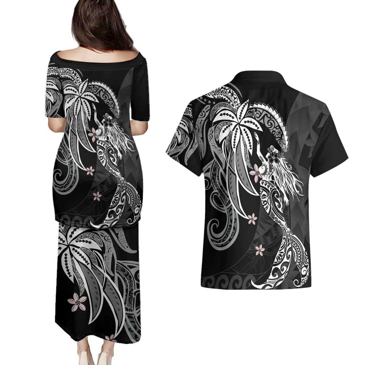 Polynesian Mermaid Plumeria Tribal Tattoo Couples Matching Puletasi and Hawaiian Shirt LT01 - Polynesian Pride