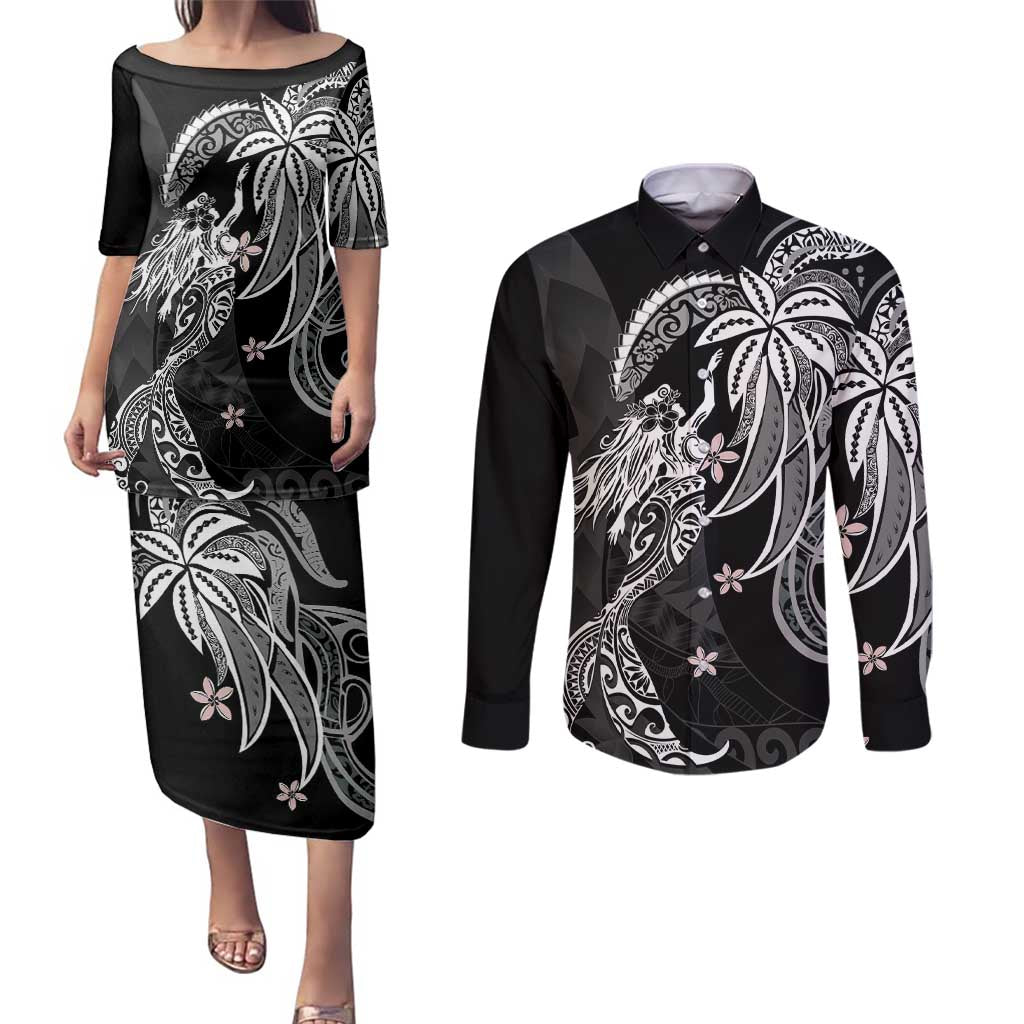 Polynesian Mermaid Plumeria Tribal Tattoo Couples Matching Puletasi and Long Sleeve Button Shirt LT01 Black - Polynesian Pride