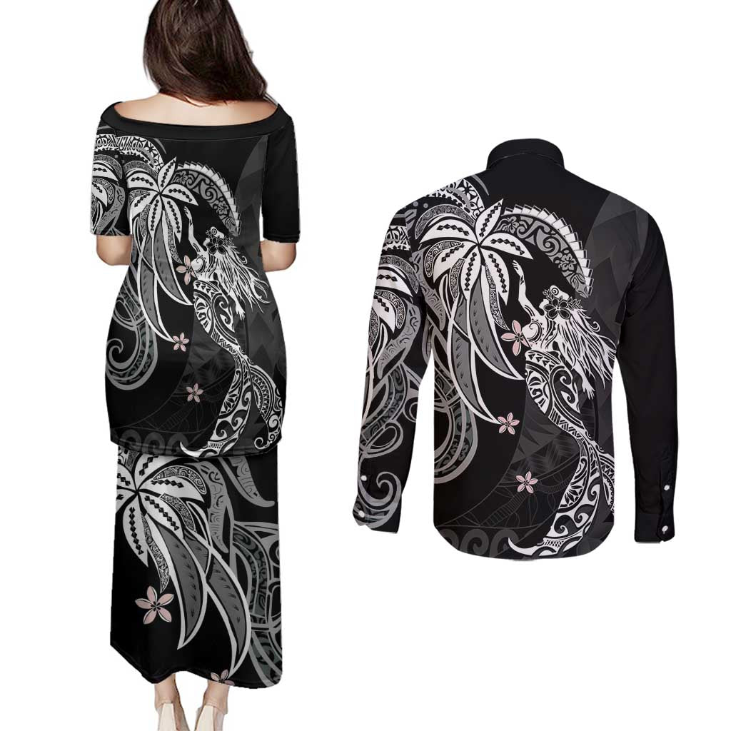 Polynesian Mermaid Plumeria Tribal Tattoo Couples Matching Puletasi and Long Sleeve Button Shirt