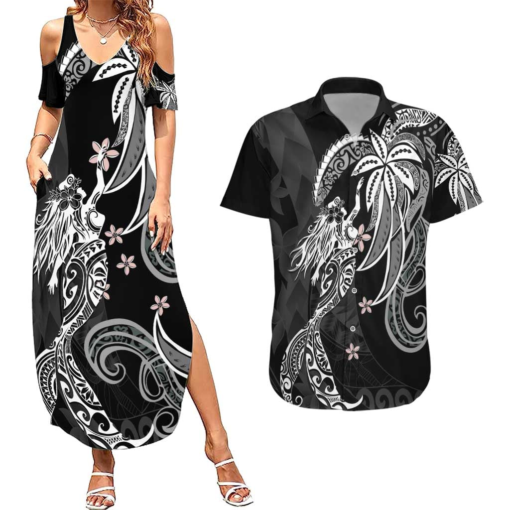 Polynesian Mermaid Plumeria Tribal Tattoo Couples Matching Summer Maxi Dress and Hawaiian Shirt LT01 Black - Polynesian Pride