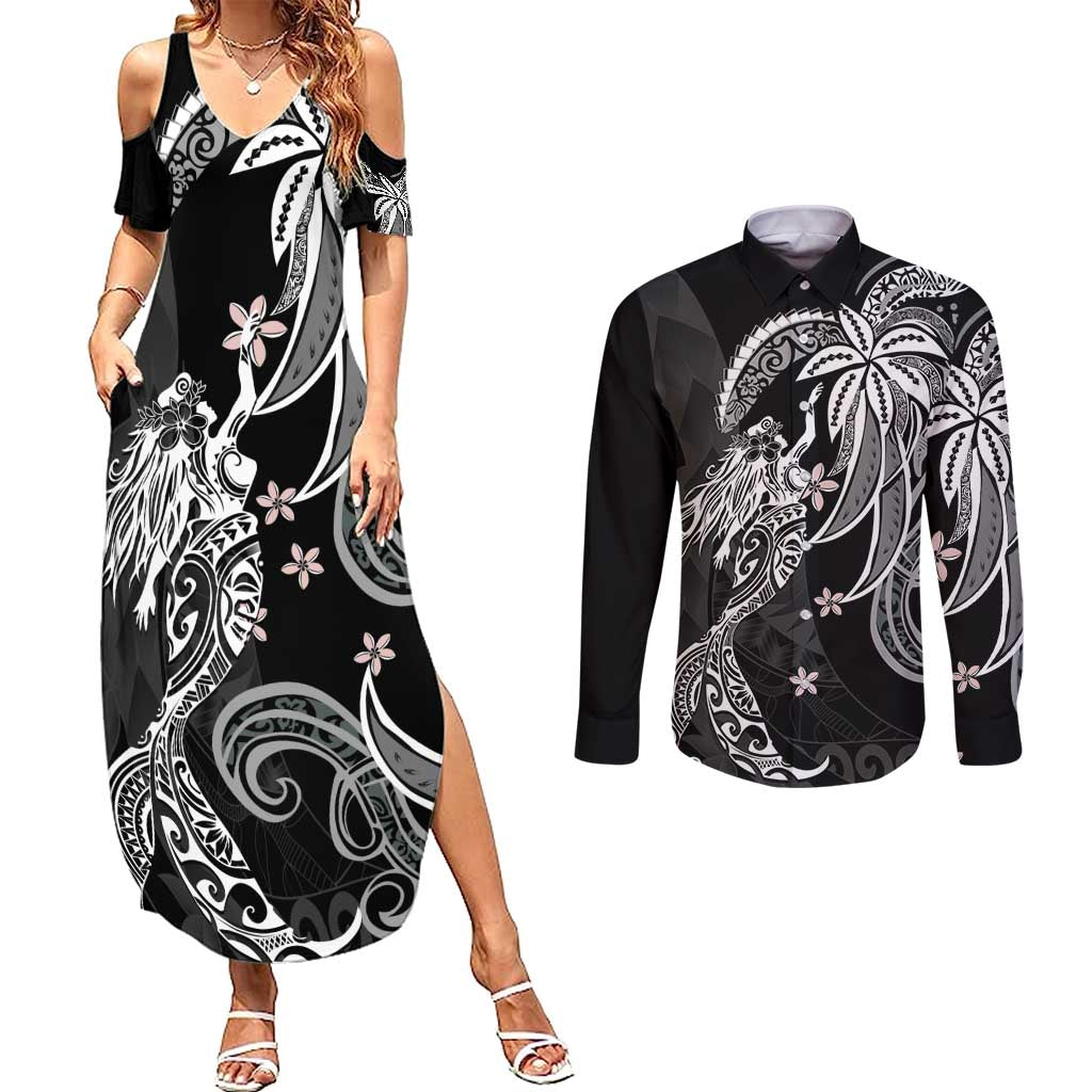 Polynesian Mermaid Plumeria Tribal Tattoo Couples Matching Summer Maxi Dress and Long Sleeve Button Shirt LT01 Black - Polynesian Pride