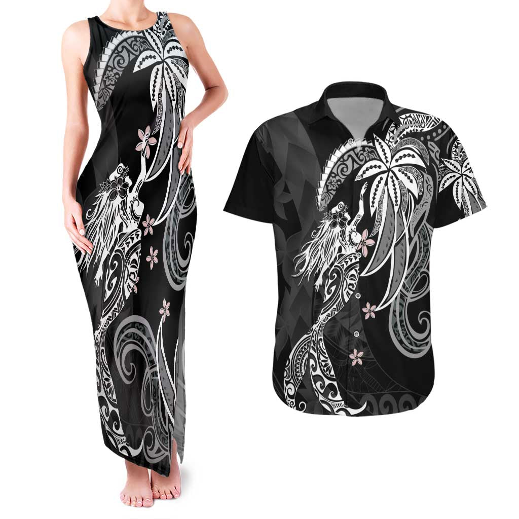 Polynesian Mermaid Plumeria Tribal Tattoo Couples Matching Tank Maxi Dress and Hawaiian Shirt LT01 Black - Polynesian Pride