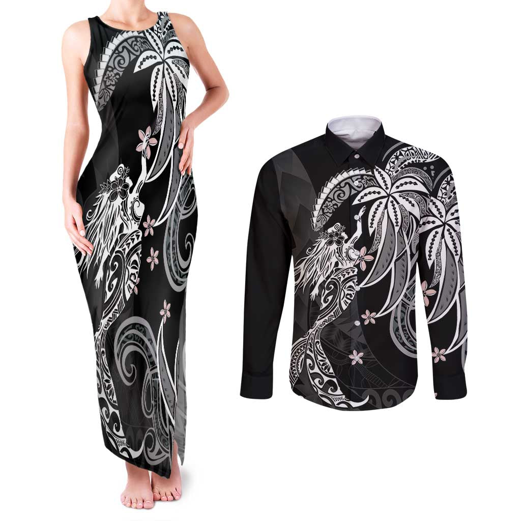 Polynesian Mermaid Plumeria Tribal Tattoo Couples Matching Tank Maxi Dress and Long Sleeve Button Shirt LT01 Black - Polynesian Pride