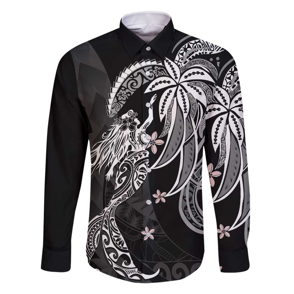 Polynesian Mermaid Plumeria Tribal Tattoo Family Matching Long Sleeve Bodycon Dress and Hawaiian Shirt LT01 Dad's Shirt - Long Sleeve Black - Polynesian Pride
