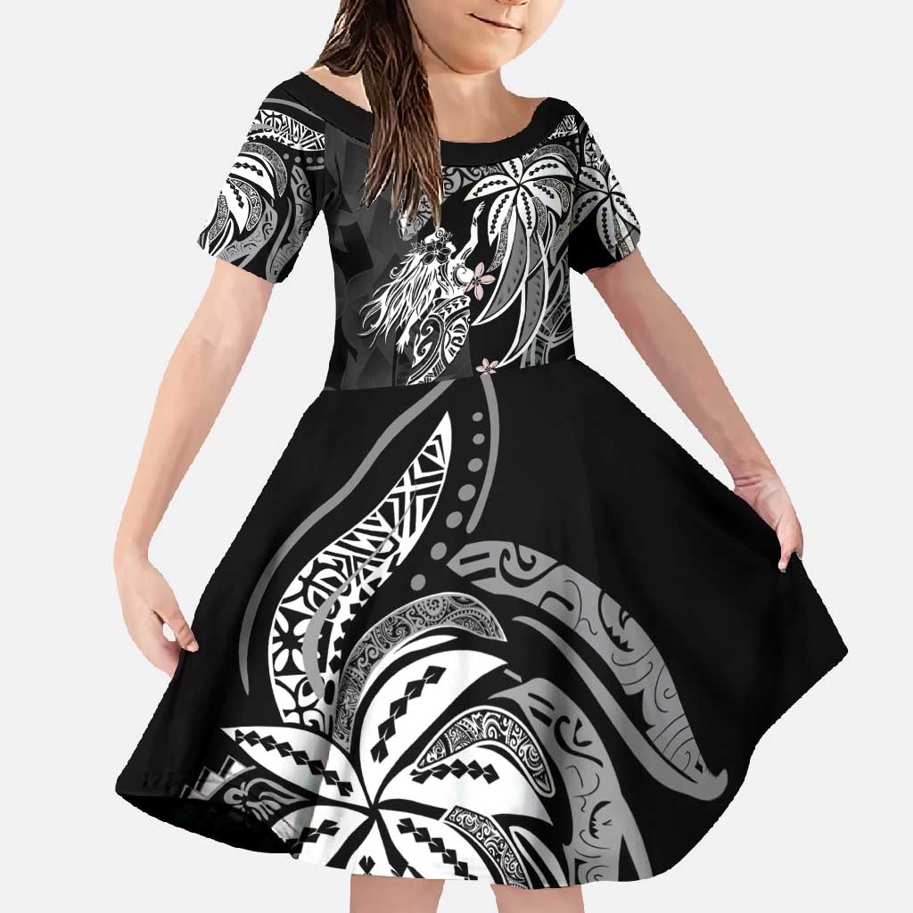 Polynesian Mermaid Plumeria Tribal Tattoo Family Matching Off Shoulder Maxi Dress and Hawaiian Shirt LT01 Daughter's Dress Black - Polynesian Pride