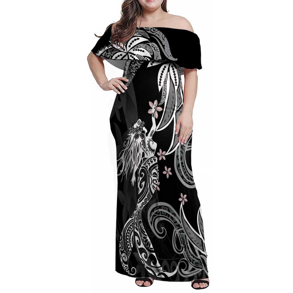 Polynesian Mermaid Plumeria Tribal Tattoo Family Matching Off Shoulder Maxi Dress and Hawaiian Shirt LT01 Mom's Dress Black - Polynesian Pride