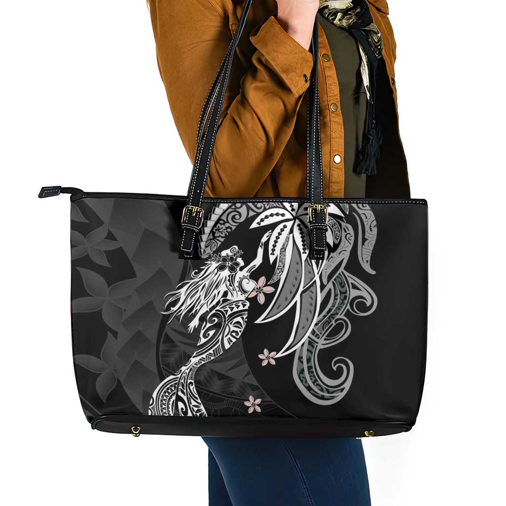 Polynesian Mermaid Plumeria Tribal Tattoo Leather Tote Bag