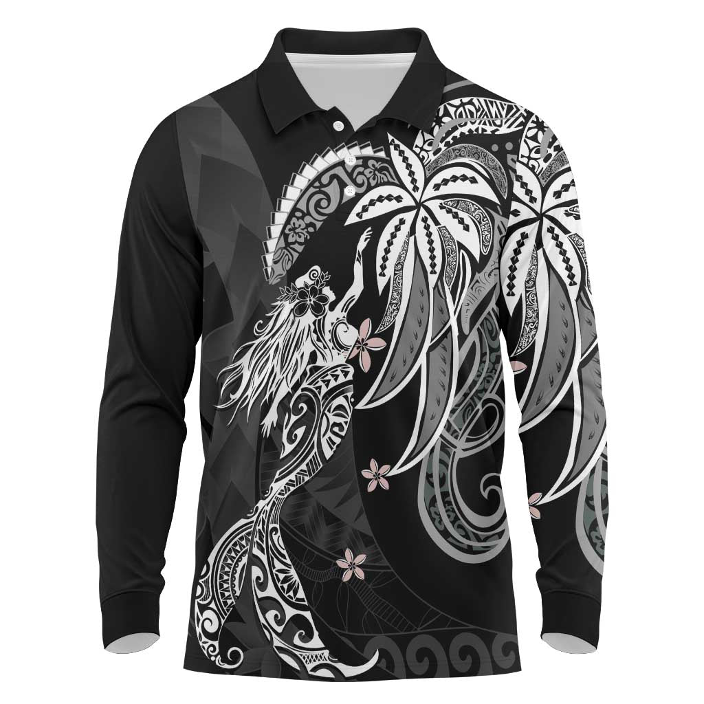 Polynesian Mermaid Plumeria Tribal Tattoo Long Sleeve Polo Shirt LT01 Black - Polynesian Pride