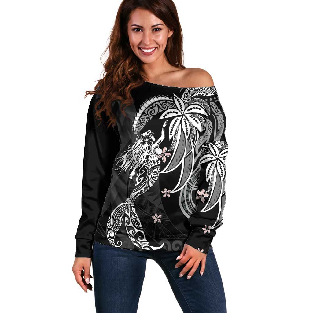 Polynesian Mermaid Plumeria Tribal Tattoo Off Shoulder Sweater LT01 Women Black - Polynesian Pride