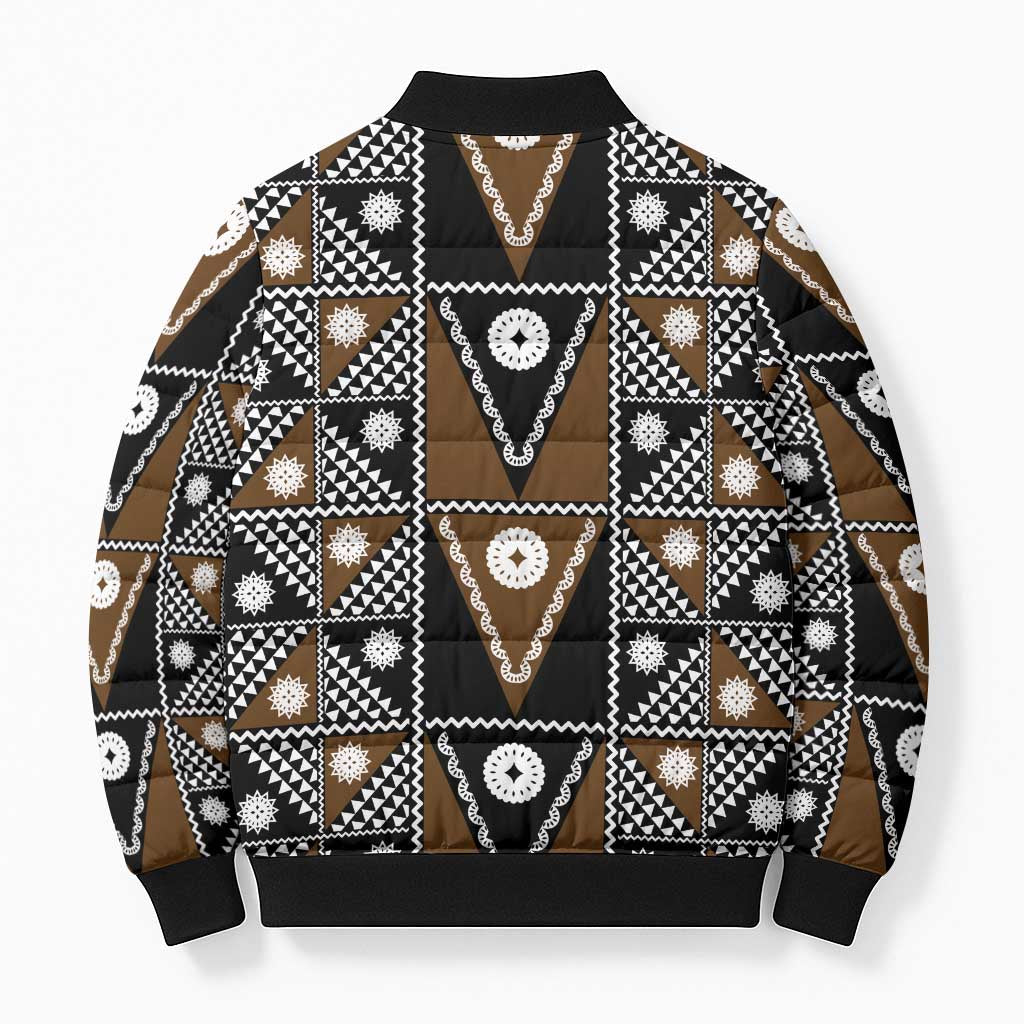 Fiji Brown Masi Pattern Bomber Puffer Jacket Fijian Tapa