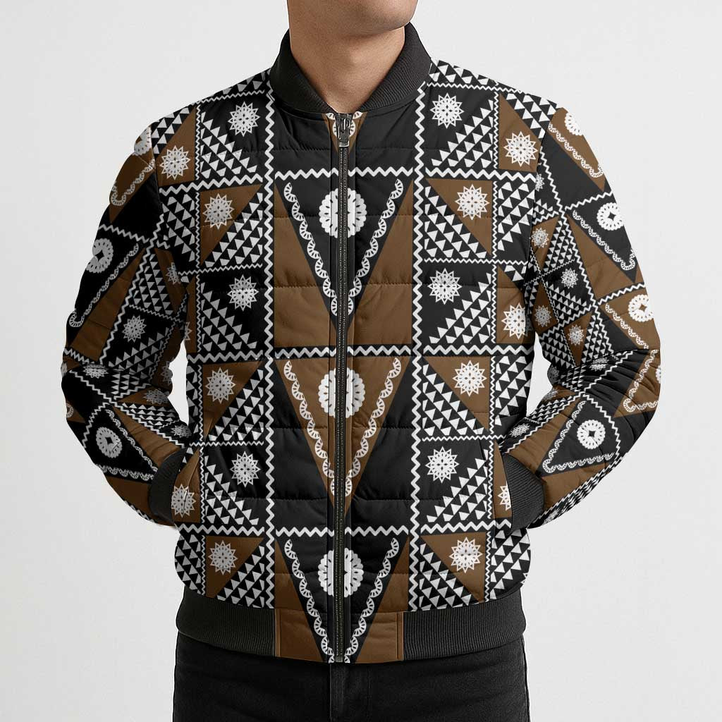 Fiji Brown Masi Pattern Bomber Puffer Jacket Fijian Tapa