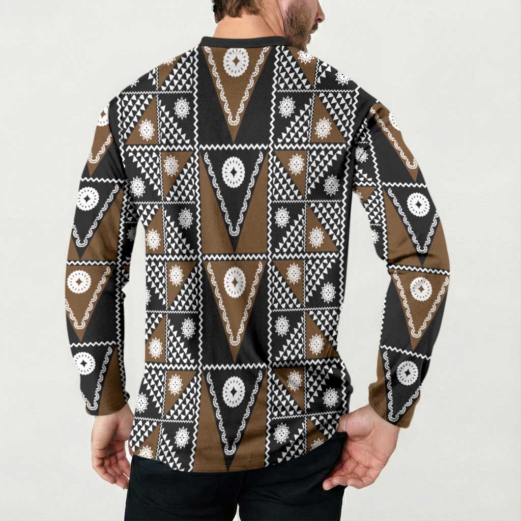 Fiji Brown Masi Pattern Button Sweatshirt Fijian Tapa