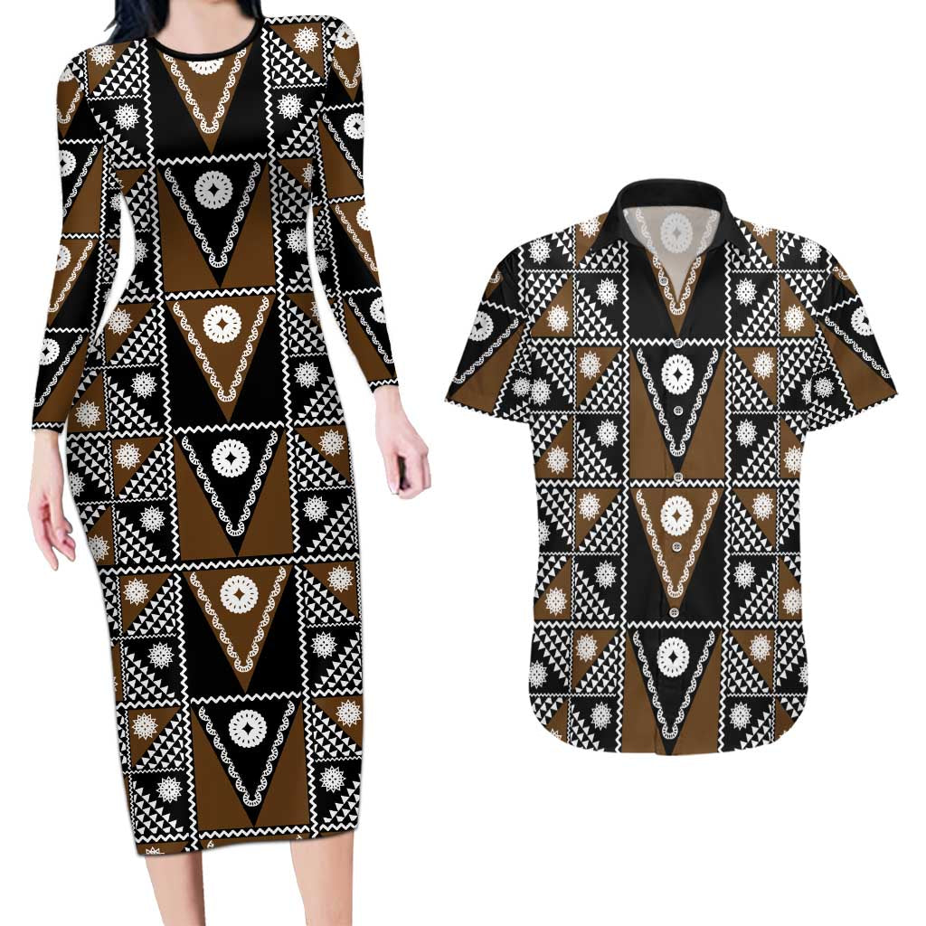 Fiji Brown Masi Pattern Couples Matching Long Sleeve Bodycon Dress and Hawaiian Shirt Fijian Tapa LT01 Brown - Polynesian Pride