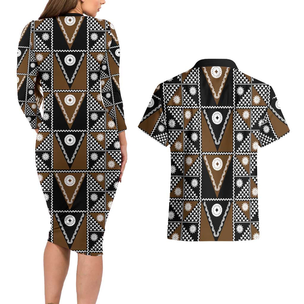 Fiji Brown Masi Pattern Couples Matching Long Sleeve Bodycon Dress and Hawaiian Shirt Fijian Tapa LT01 - Polynesian Pride