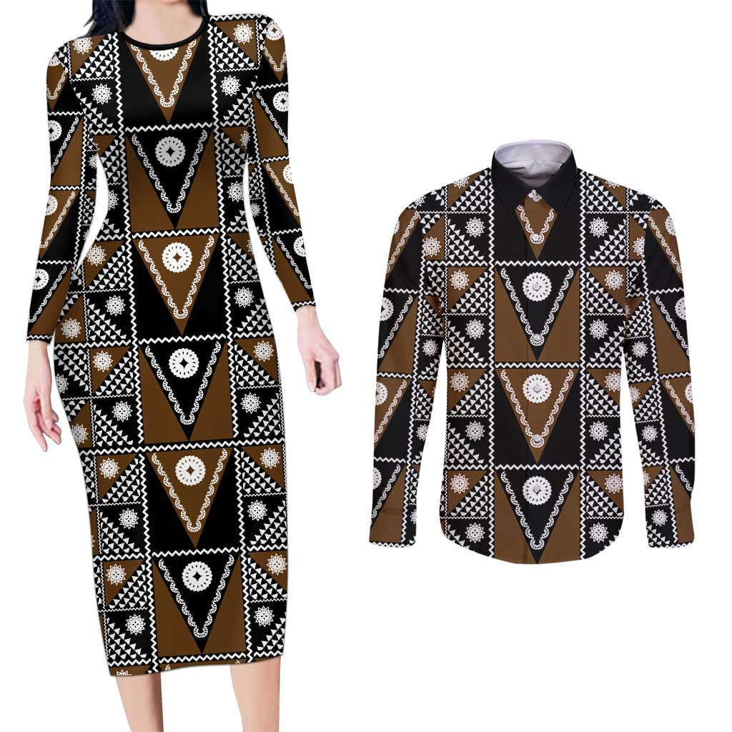 Fiji Brown Masi Pattern Couples Matching Long Sleeve Bodycon Dress and Long Sleeve Button Shirt Fijian Tapa LT01 Brown - Polynesian Pride
