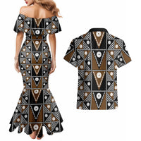Fiji Brown Masi Pattern Couples Matching Mermaid Dress and Hawaiian Shirt Fijian Tapa LT01 - Polynesian Pride