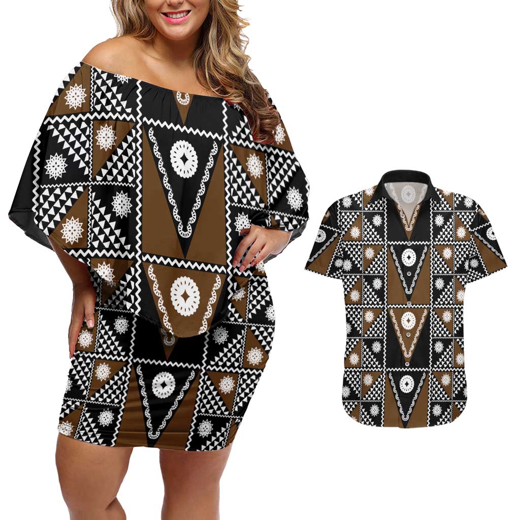 Fiji Brown Masi Pattern Couples Matching Off Shoulder Short Dress and Hawaiian Shirt Fijian Tapa LT01 Brown - Polynesian Pride