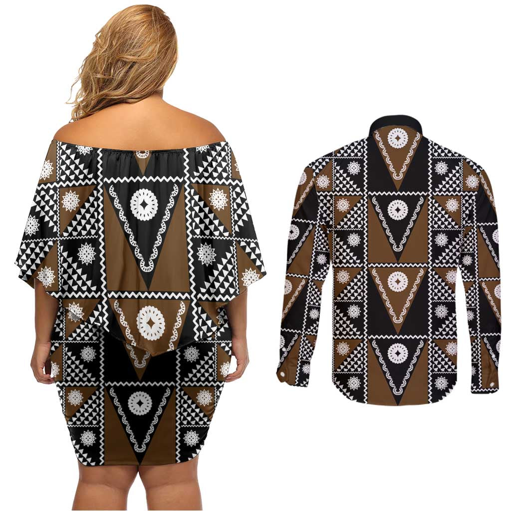Fiji Brown Masi Pattern Couples Matching Off Shoulder Short Dress and Long Sleeve Button Shirt Fijian Tapa