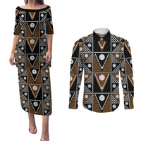 Fiji Brown Masi Pattern Couples Matching Puletasi and Long Sleeve Button Shirt Fijian Tapa