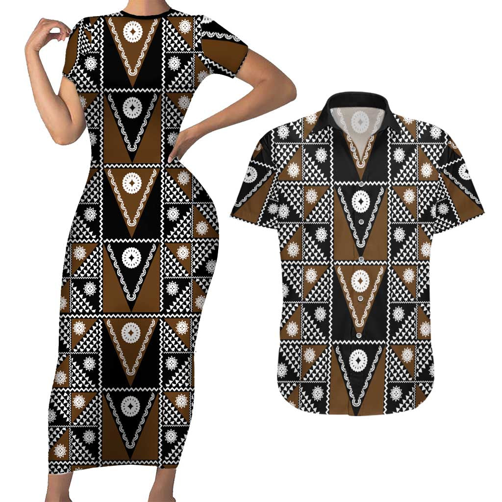 Fiji Brown Masi Pattern Couples Matching Short Sleeve Bodycon Dress and Hawaiian Shirt Fijian Tapa LT01 Brown - Polynesian Pride