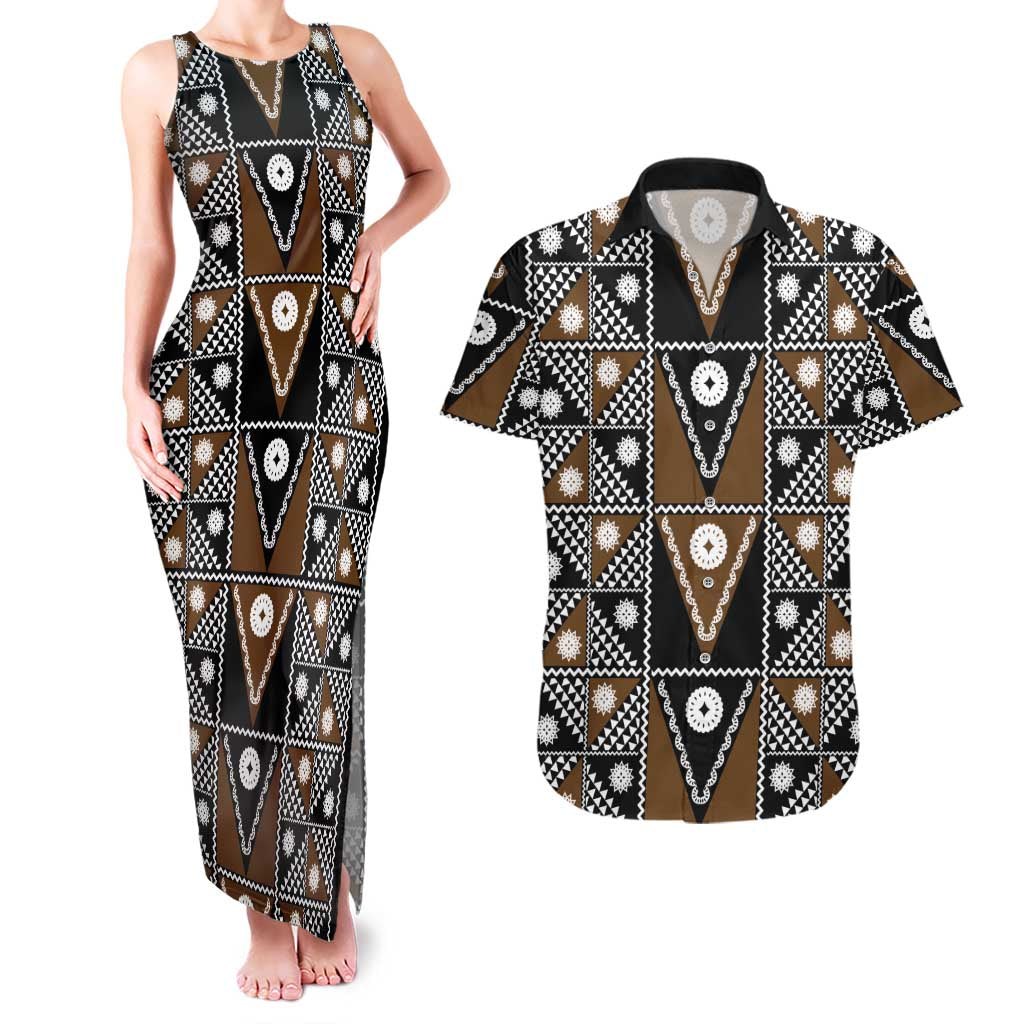 Fiji Brown Masi Pattern Couples Matching Tank Maxi Dress and Hawaiian Shirt Fijian Tapa LT01 Brown - Polynesian Pride